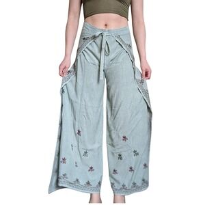 Geeta Vintage 80s Fairy Sage Green Tribal embroidered Wrap Tie Wide Leg Pants